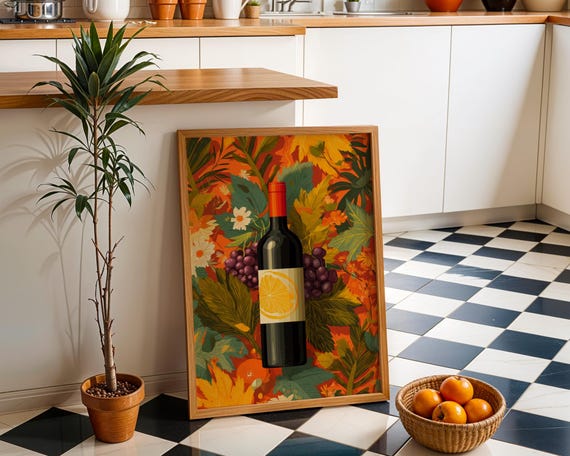 Autumn Wine Bottle Print Rustic Fall Floral Kitchen Wall Art Poster