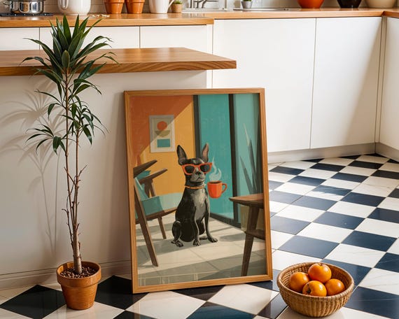 Coffee Dog Art Print Cool With Sunglasses Wall Funny Lover Dcor Whimsical Illustration Retro Caf Style Artwork