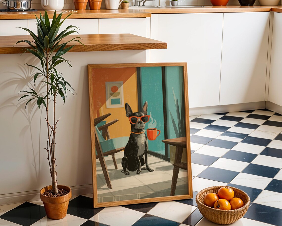 Black French Bulldog With Red Sunglasses and Coffee Art Poster