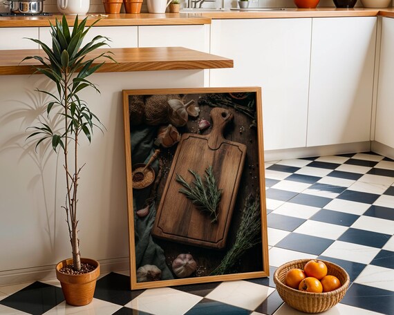 Wooden Chopping Board Rosemary Herb Rustic Kitchen Wall Poster