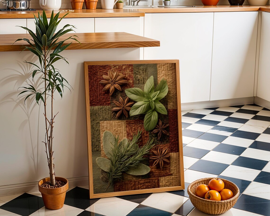 Rustic Patchwork Kitchen Wall Art Botanical Herb Print Farmhouse Dcor Poster Spice