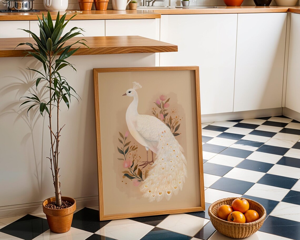 White Peacock Wall Art Neutral Boho Bird Print Elegant Nature Illustration Minimalist Botanical Dcor Modern Living Room Artwork
