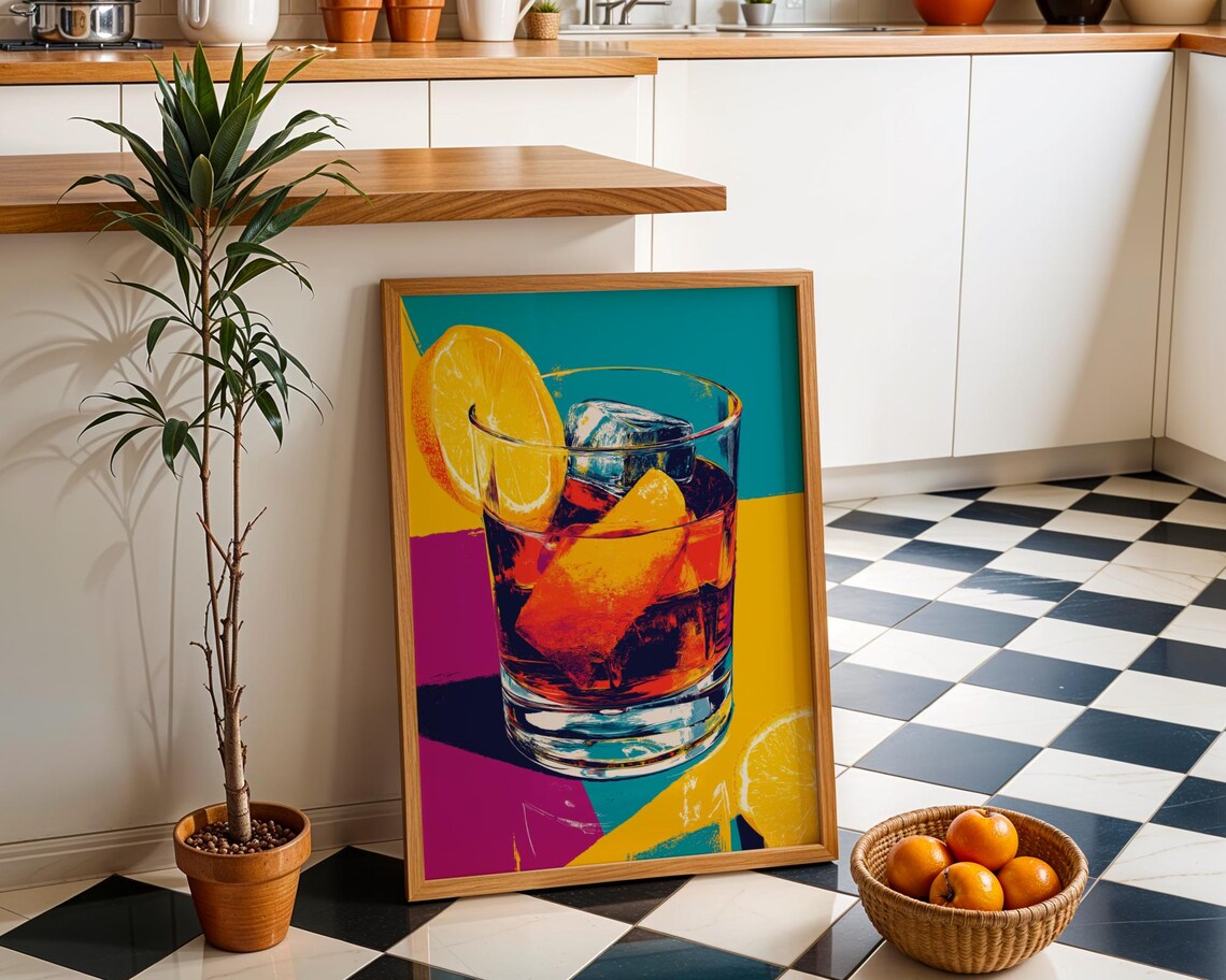 Pop Art Negroni Cocktail Bold Colorful Glass Ice Retro Bar Poster