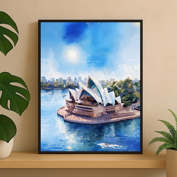 Sydney Opera House Watercolor Print Australia Cityscape Wall Art Coastal Blue Ocean Skyline Harbor Artwork