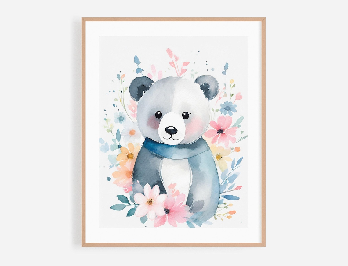 Baby Bear Cub Watercolor Portrait With Blue Scarf And Flowers Poster