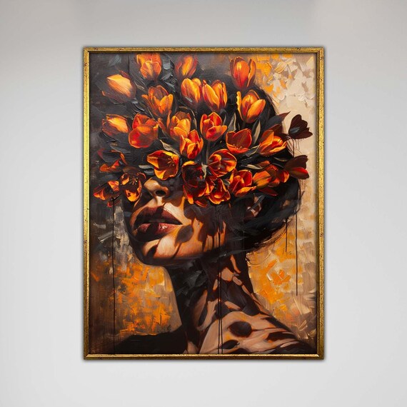 Fiery Tulip Face Art Abstract Flower Portrait Surreal Woman Canvas Vibrant Expressionist Painting Bold Wall Decor