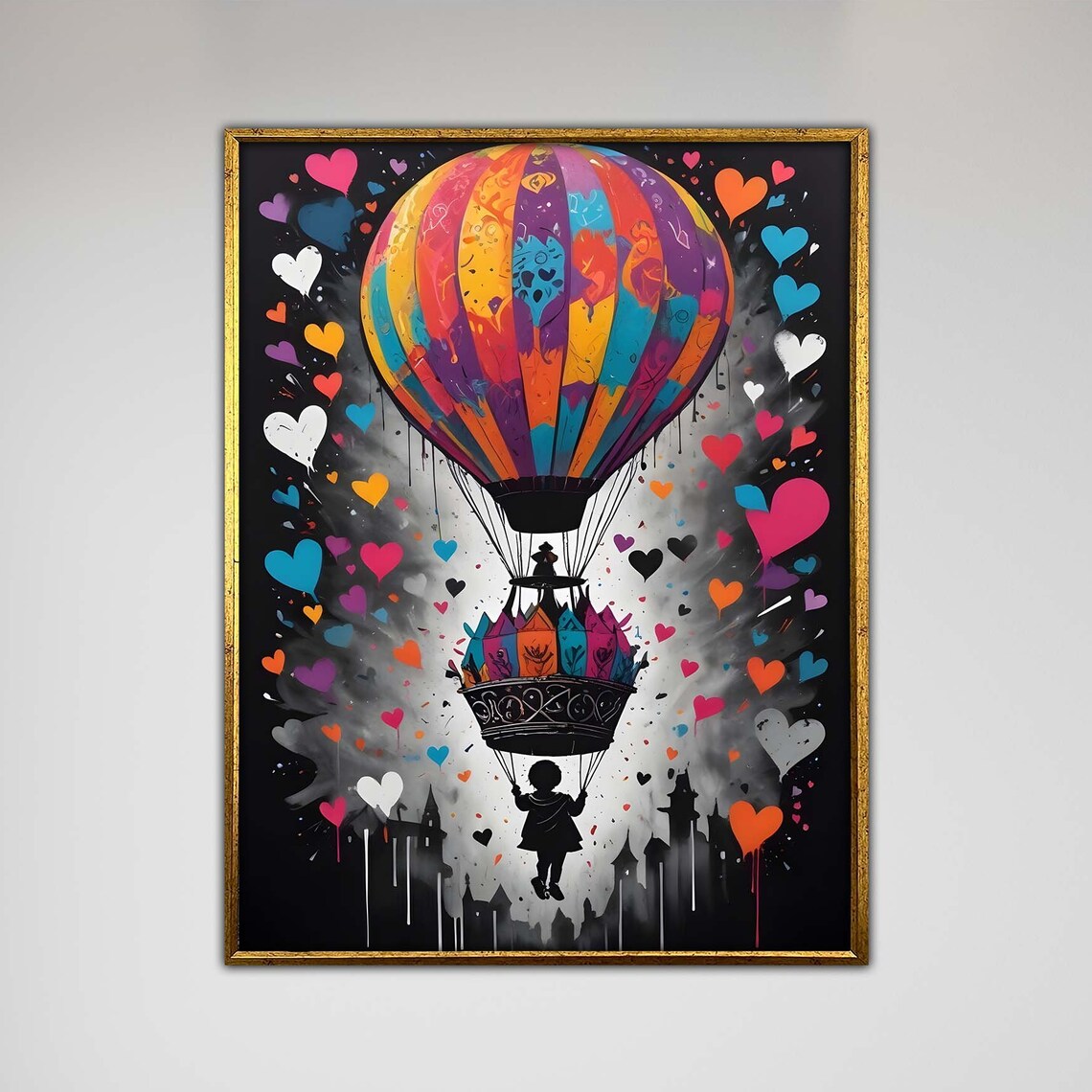 Colorful Hot Air Balloon Hearts Child Whimsical Pop Art Poster