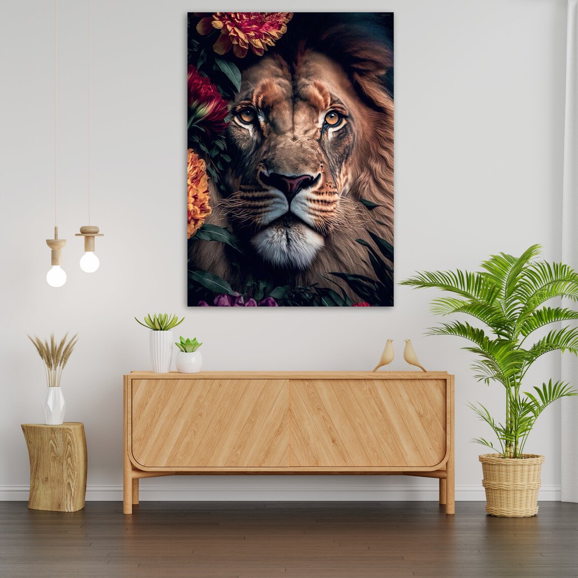 Majestic Lion Face Floral Crown Dramatic Dark Wildlife Portrait Art Print - Image 4