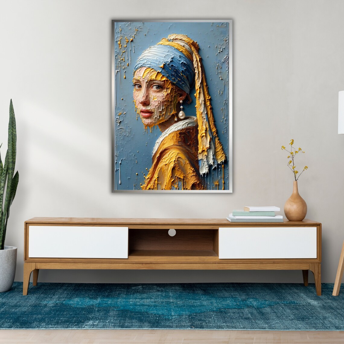 Vermeer Girl With A Pearl Earring Textured Impasto Blue Gold Art Print - Image 2