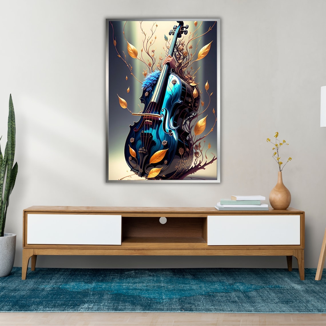 Fantasy Blue Double Bass With Golden Branches And Leaves Music Wall Art - Image 2