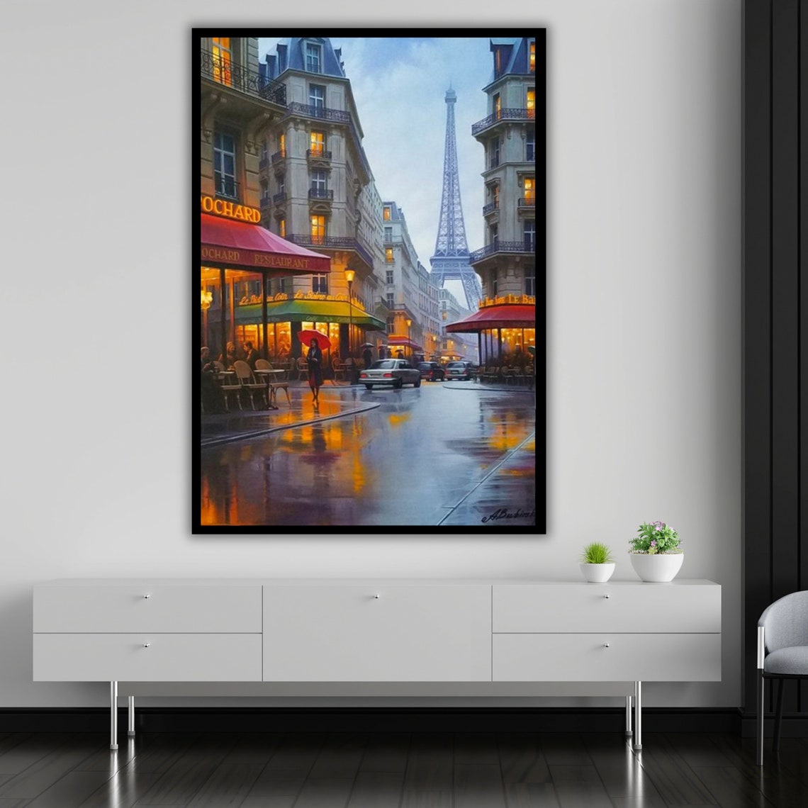 Rainy Paris Street Eiffel Tower Evening Cafe Scene Oil Painting Poster - Image 5