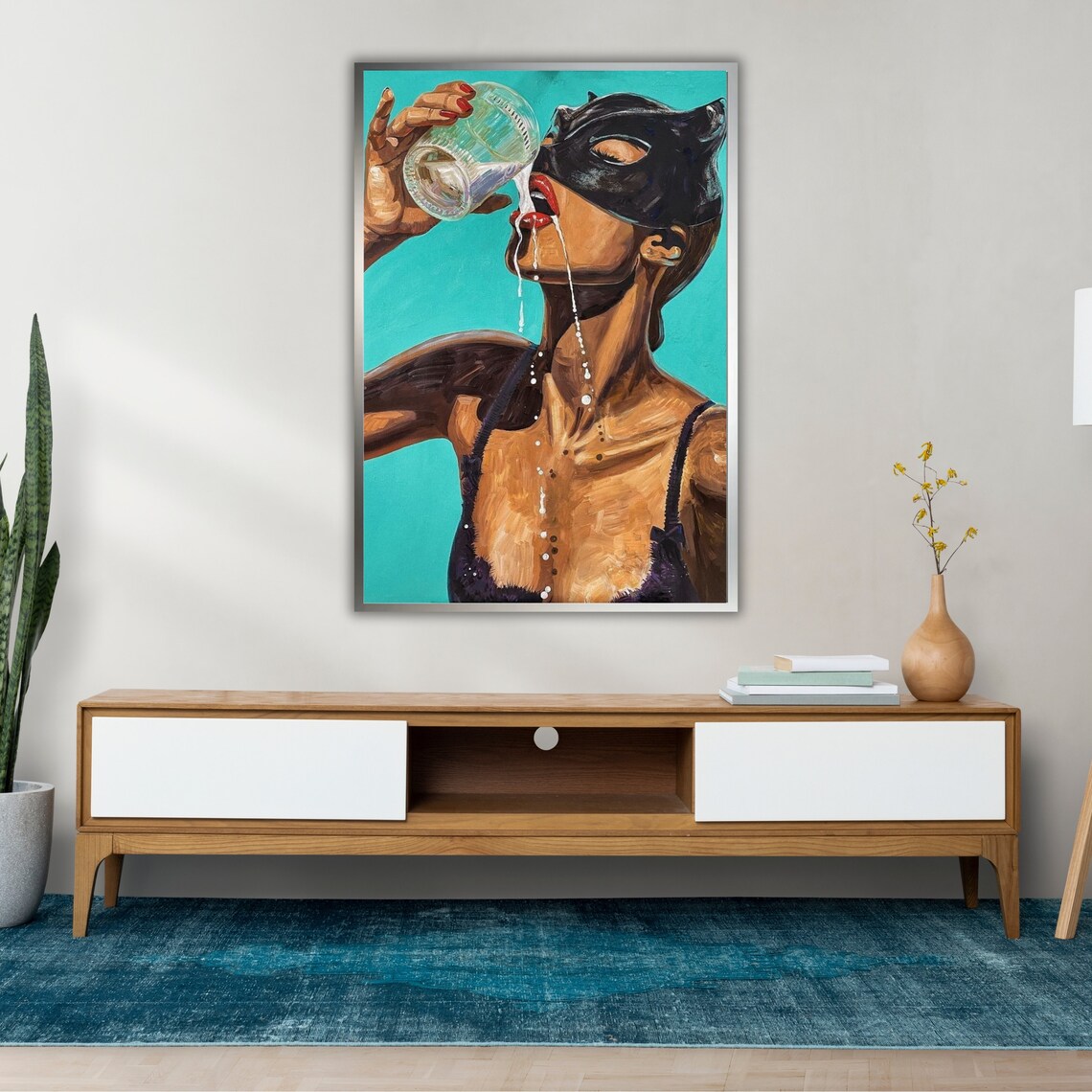 Masked Woman Drinking Milk Pop Art Painting With Cat Mask Turquoise Print - Image 2
