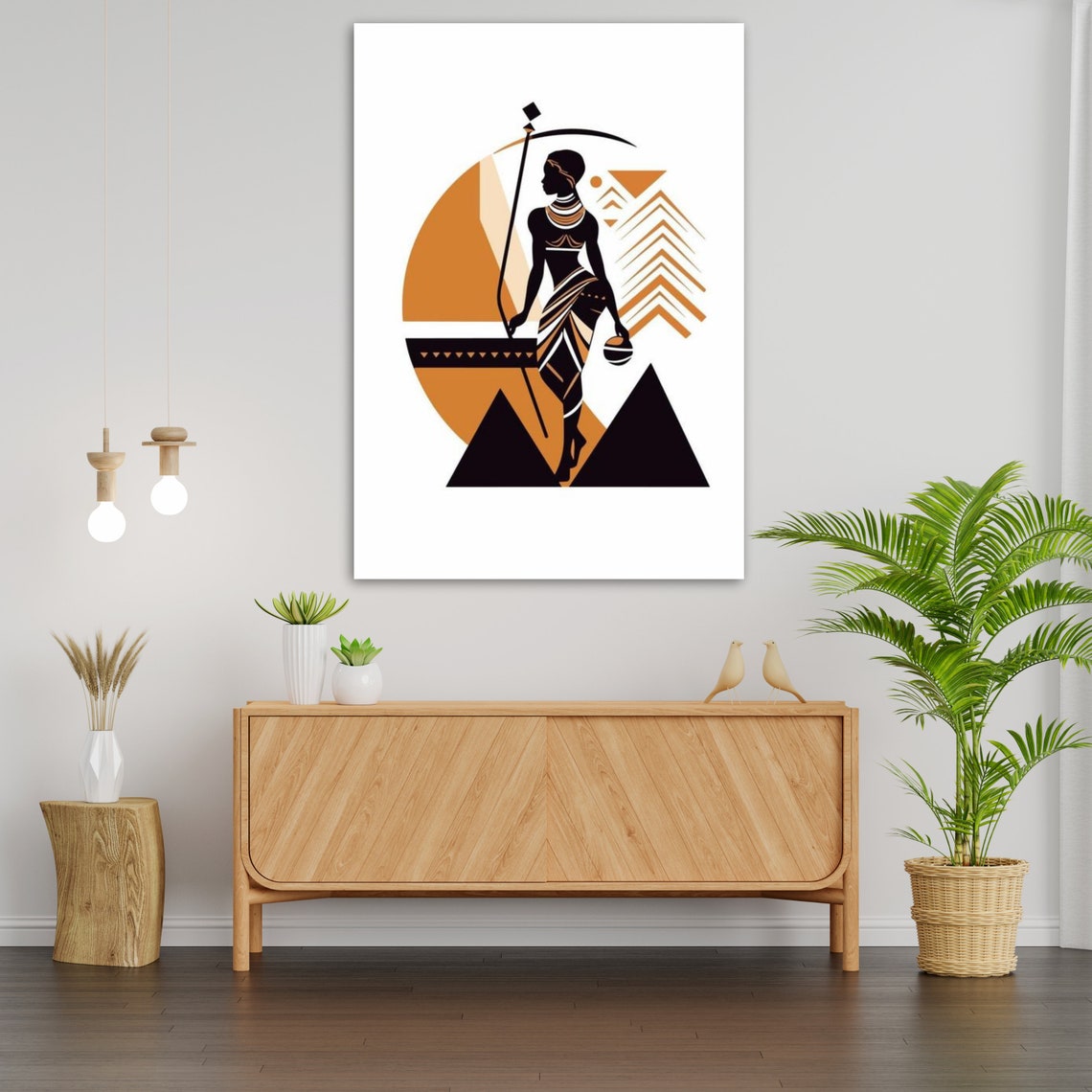 African Woman Silhouette Staff Geometric Sun Boho Tribal Wall Art - Image 3