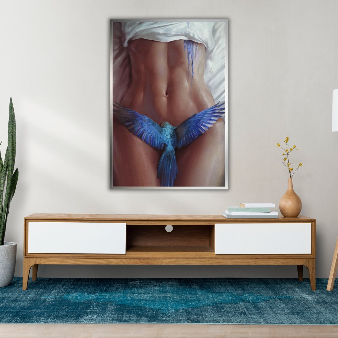 Female Torso With Blue Bird Fine Art Nude Figure Painting Wall Art - Image 2
