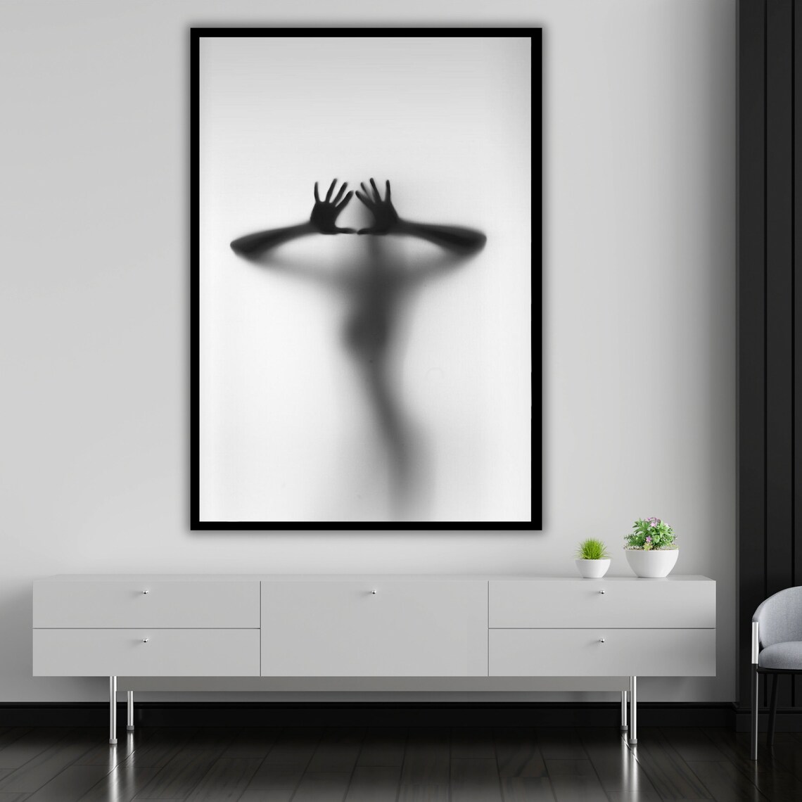 Woman Silhouette Behind Frosted Glass Black And White Photography Poster - Image 5