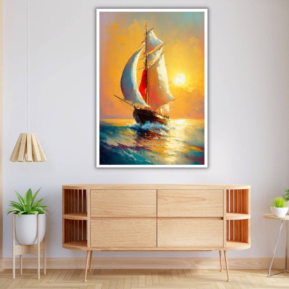 Classic Sailboat Golden Sunset Ocean Waves Impressionist Art Print - Image 2