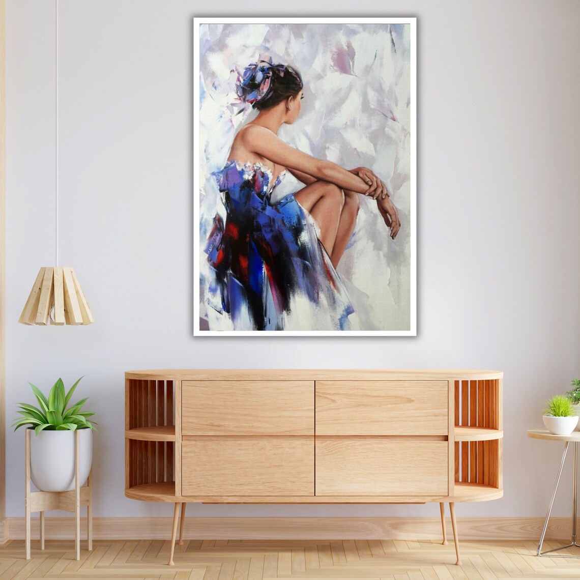 Seated Woman Flowing Blue Dress Soft White Background Elegant Painting Art Print - Image 4