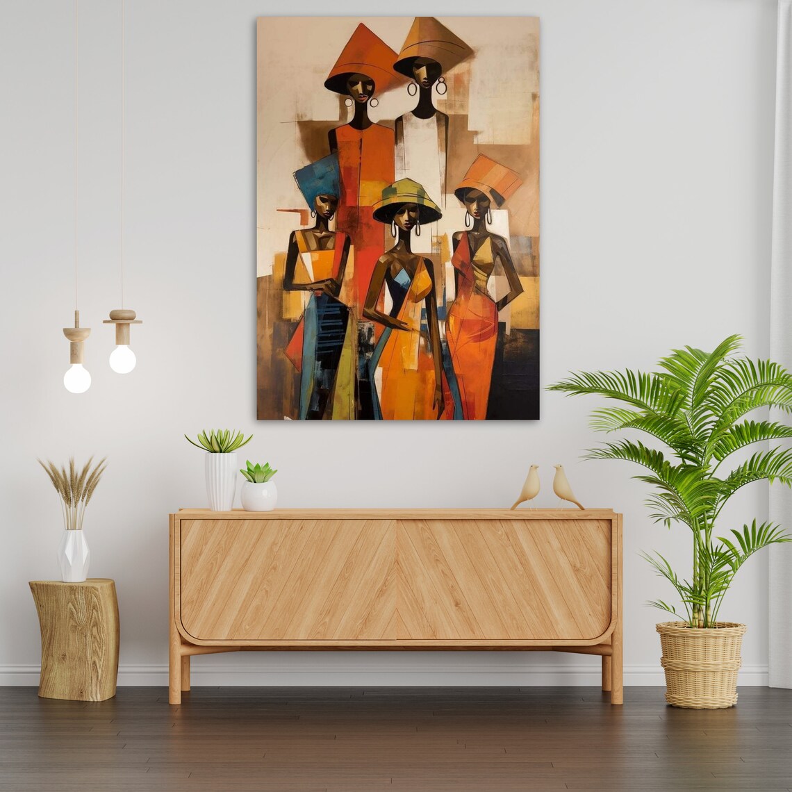 Five African Women Tall Headwraps Cubist Warm Colors Art Poster - Image 3