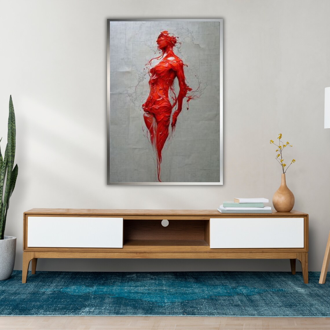 Woman Red Paint Splash Figure Profile Grey Background Expressive Art Print - Image 2