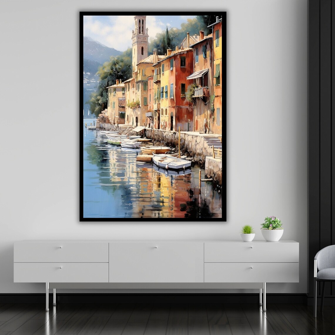 Italian Coastal Harbor Village Watercolor Boats Bell Tower Poster - Image 3