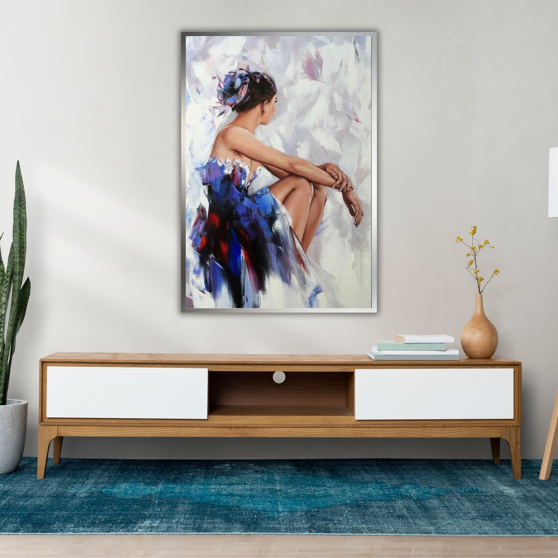 Seated Woman Flowing Blue Dress Soft White Background Elegant Painting Art Print - Image 2
