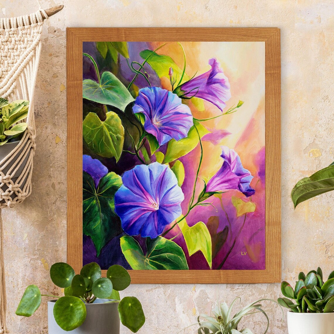 Blue Morning Glory Flowers in Sunlight Oil Painting Floral Poster