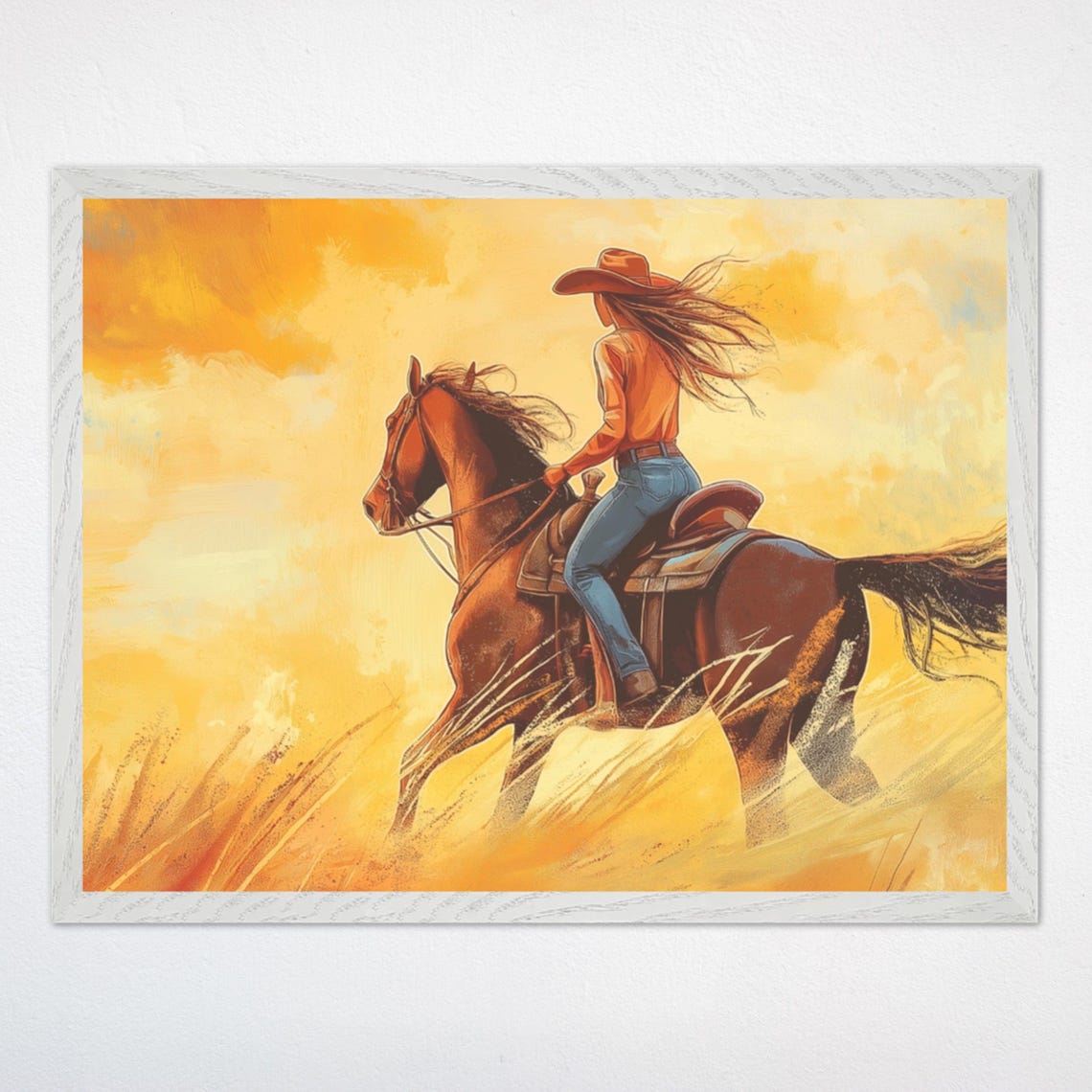 Cowgirl Riding Horse Across a Golden Sunset Prairie Art Poster