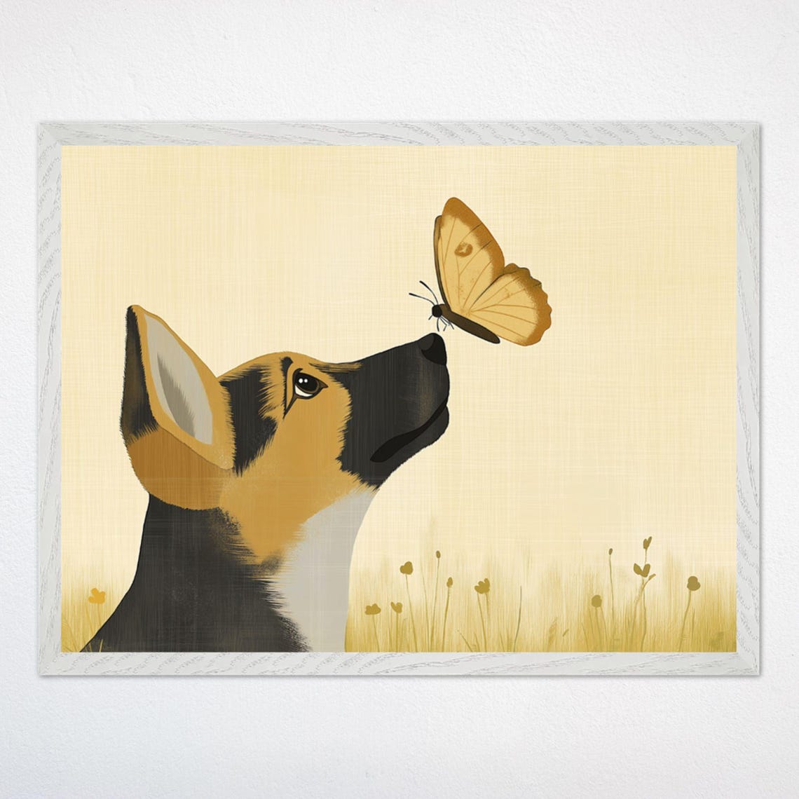 Dog Watching Butterfly on Nose in Golden Meadow Scene Poster