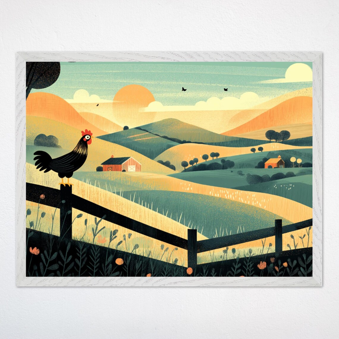 Rooster on Fence Over Rolling Farm Countryside Sunrise Poster