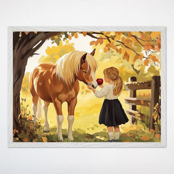 Girl And Pony Autumn Meadow Art Print Nursery Wall Decor