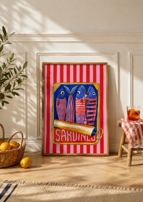 Sardines Wall Art Colorful Coastal Kitchen Print Mediterranean Food Poster