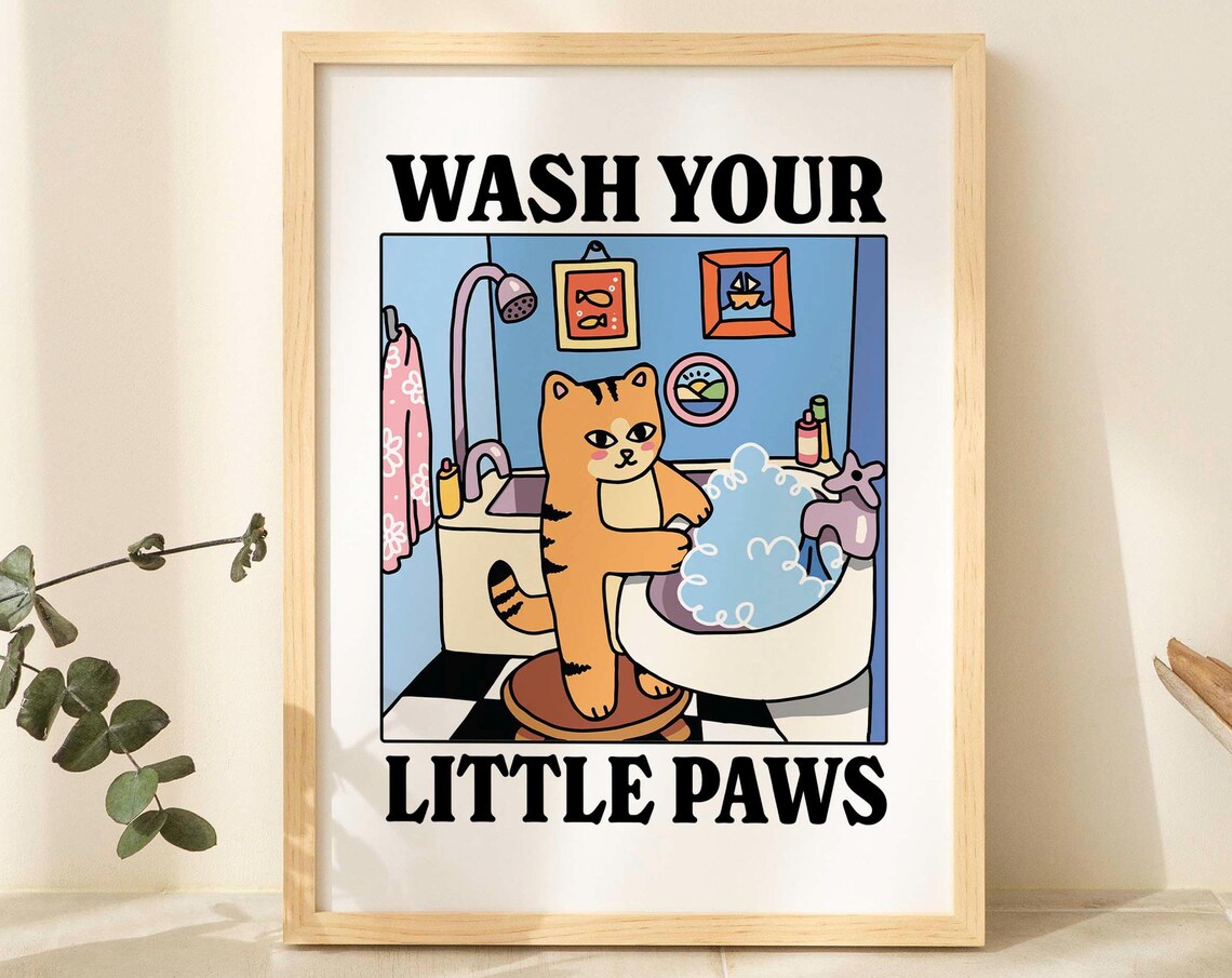 Wash Your Paws Ginger Cat Bathroom Poster