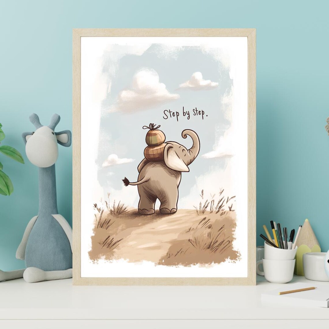Elephant Step by Step Motivational Poster Cute Baby Elephant Travel Art