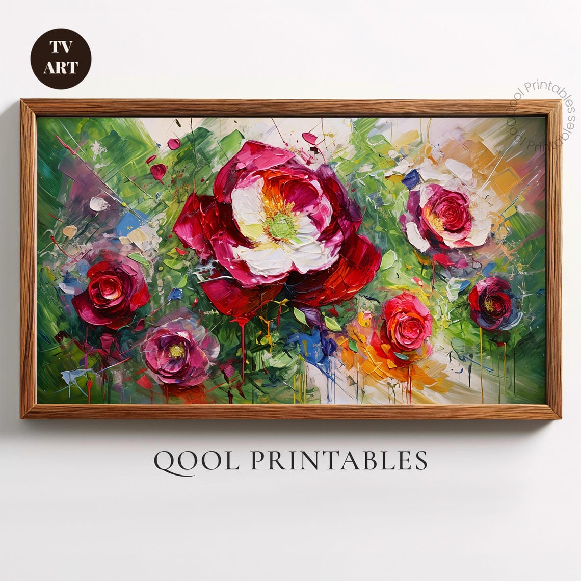 Red Rose Impasto Oil Painting Dramatic Floral TV Wall Art Decor