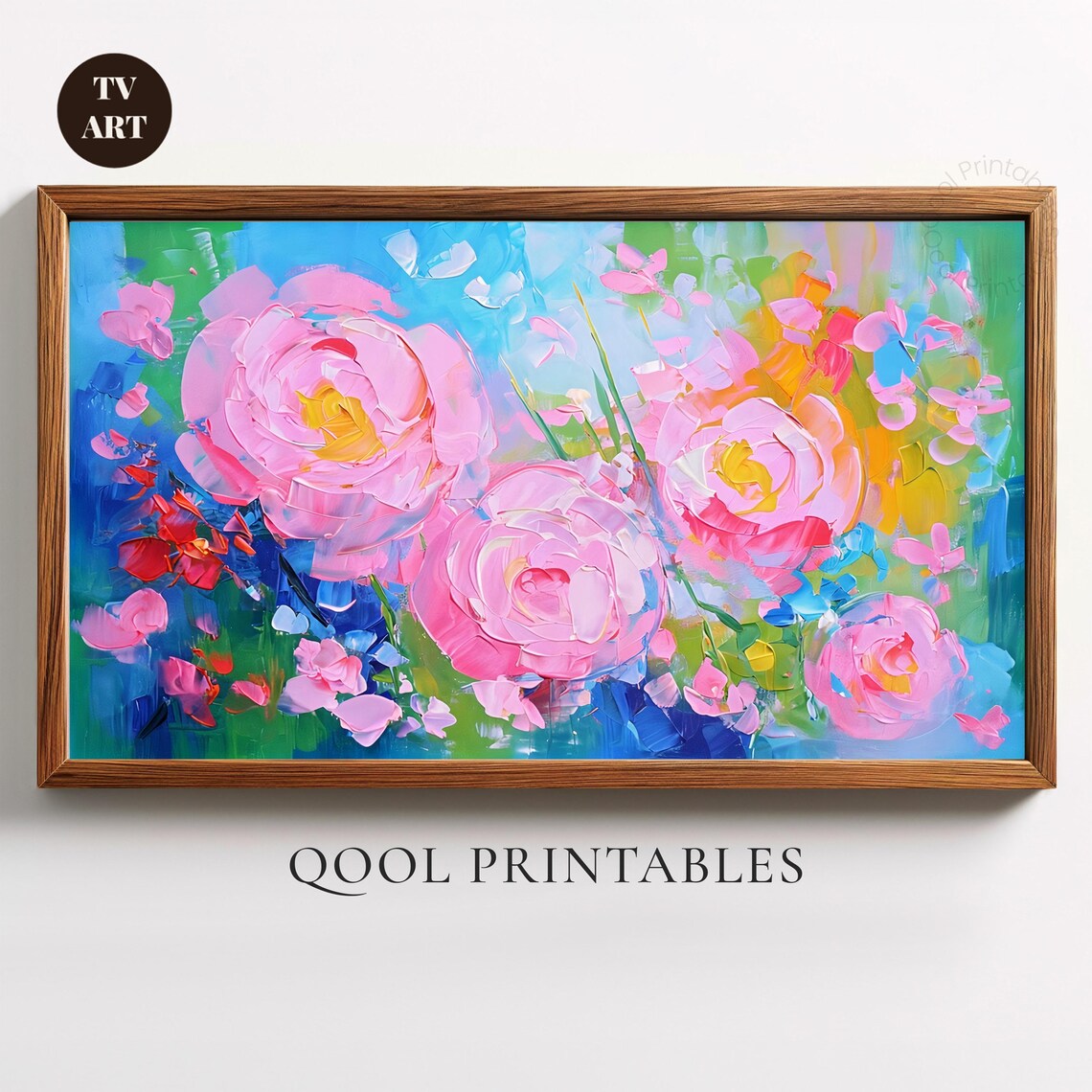 Bold Pink Roses Impasto Oil Painting Blue Floral Garden TV Wall Art
