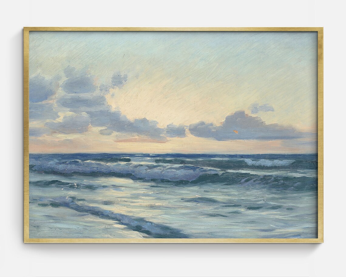 Beach Sunset Rolling Waves Pastel Sky Antique Ocean Painting Coastal Poster
