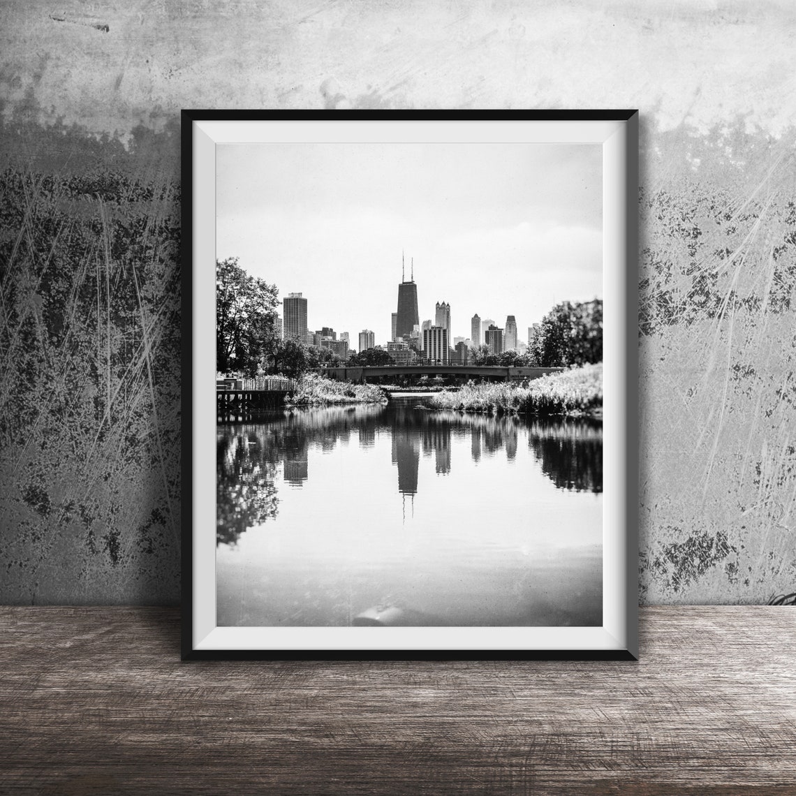 Chicago Skyline Reflected In Lagoon Nature Boardwalk Photo Poster - Image 2