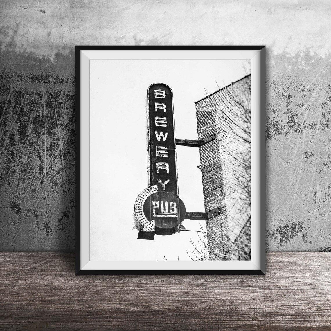 Brewery Pub Vertical Neon Sign on Brick Wall Photography Poster - Image 2