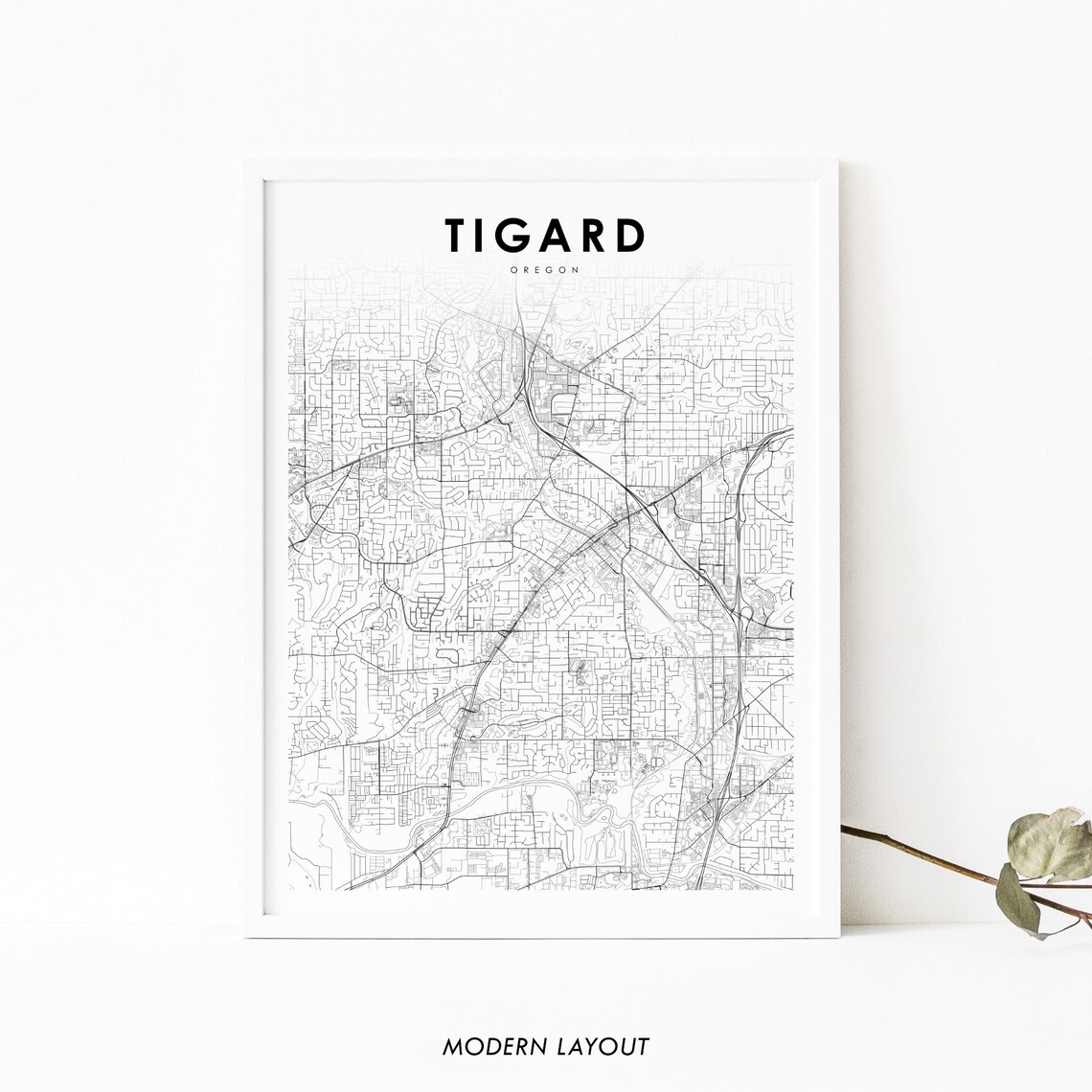 Tigard Oregon Minimalist City Street Map Poster Modern Black and White