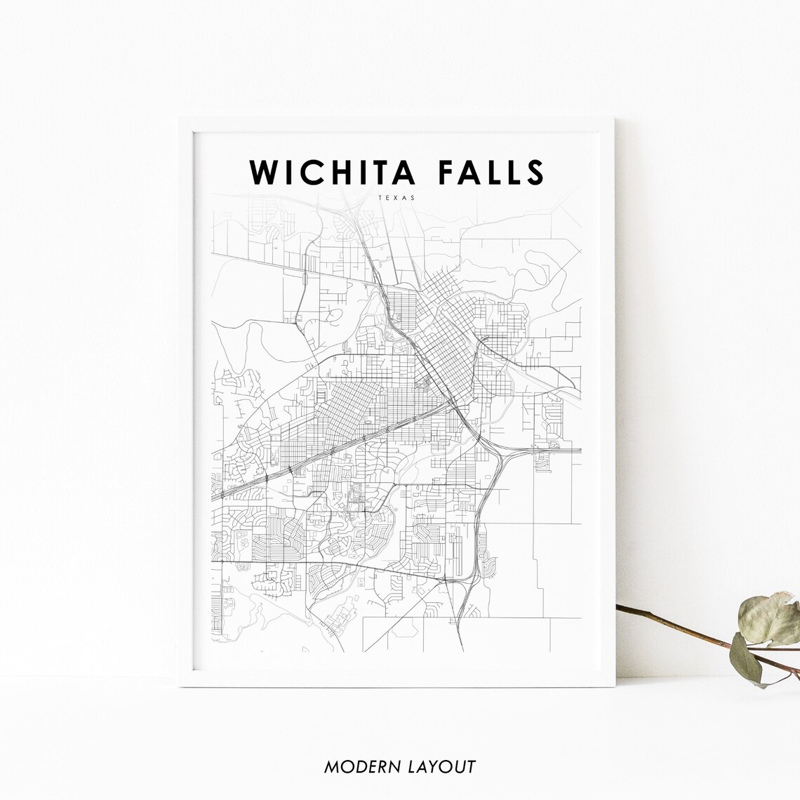 Minimalist Black and White Wichita Falls Texas City Street Map Print