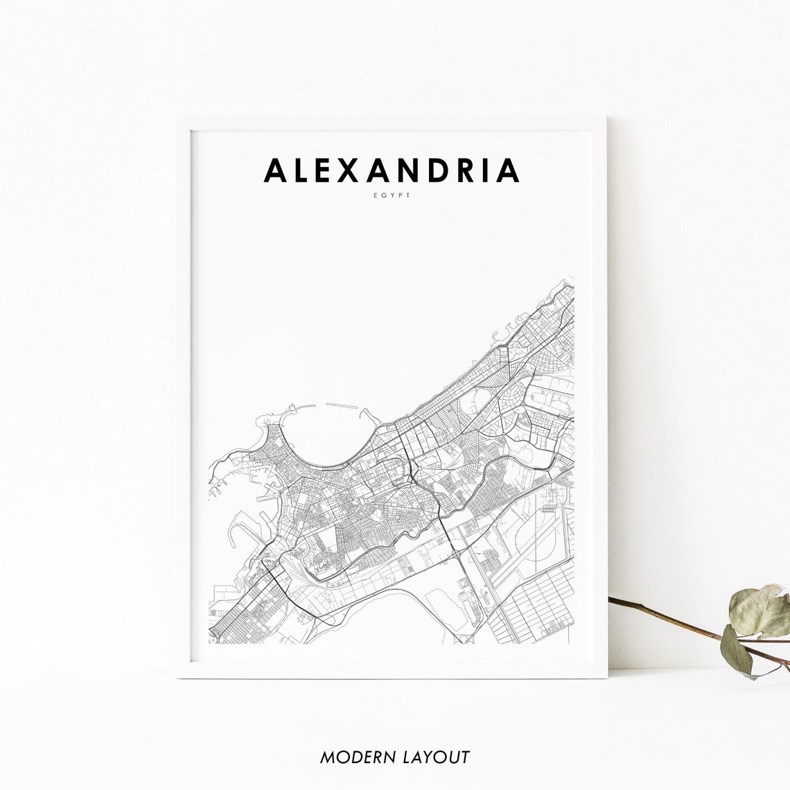 Alexandria Egypt Modern Black and White Minimalist City Map Poster