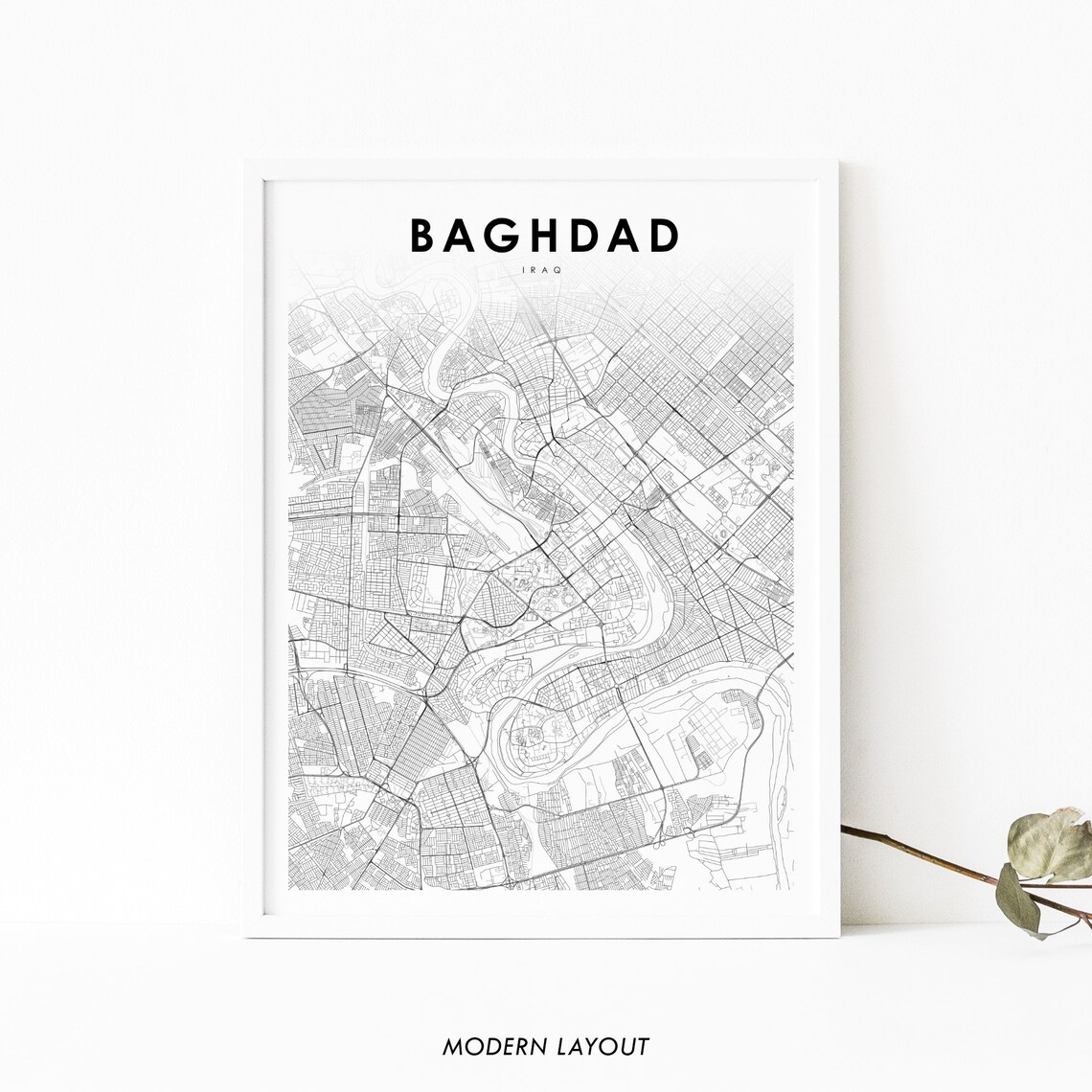 Baghdad Iraq Minimalist City Street Map Print Black White Art