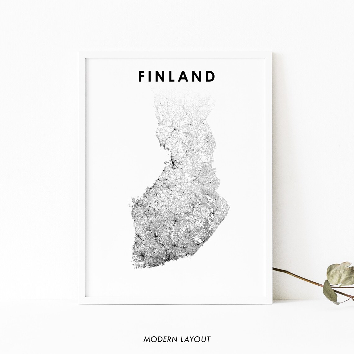 Finland Country Road Map Art Poster, Black and White Nordic Travel