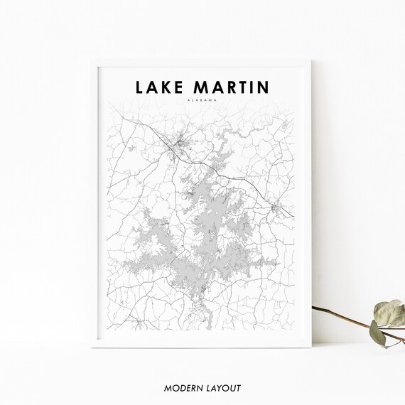 Lake Martin Alabama Lake and Street Map Modern Minimalist Art Poster