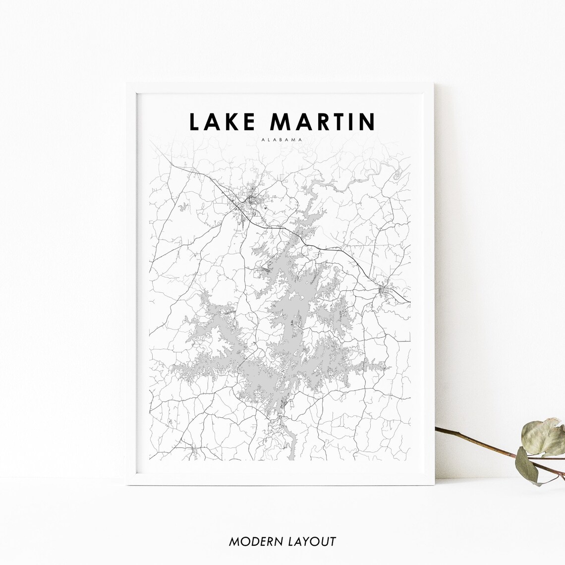 Lake Martin Alabama Lake and Street Map Modern Minimalist Art Poster