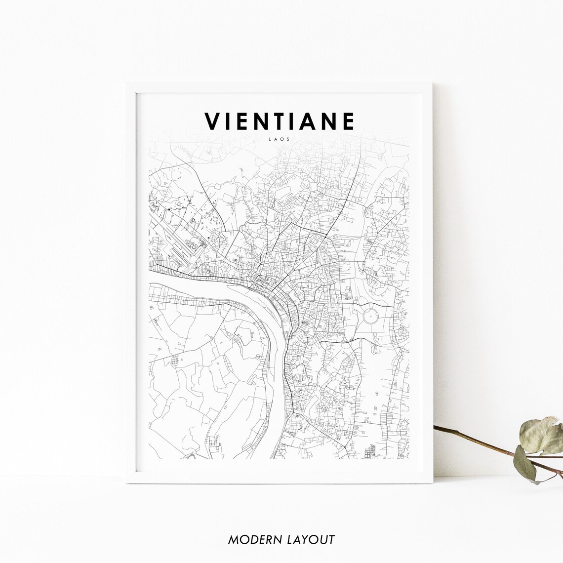 Vientiane Laos Map Print, City Street Road