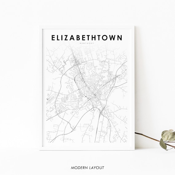 Elizabethtown Kentucky Minimalist Black White City Map Wall Art