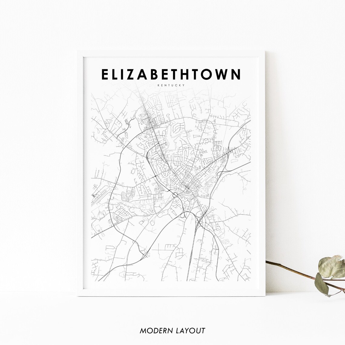 Elizabethtown Kentucky Minimalist Black White City Map Wall Art