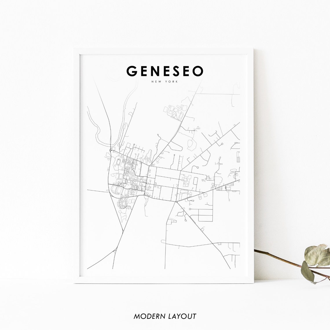 Geneseo New York Minimal Black and White City Street Map Poster
