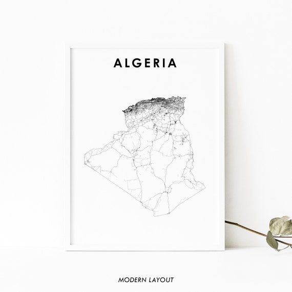 Algeria Map Art Print, Country Road Poster
